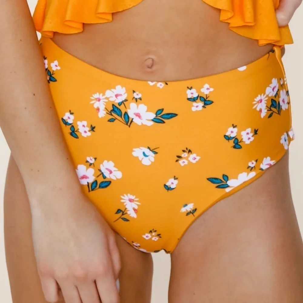 Coral Reef Lagoon Reversible High Waist Swim Bottoms Yellow Mango Floral XL